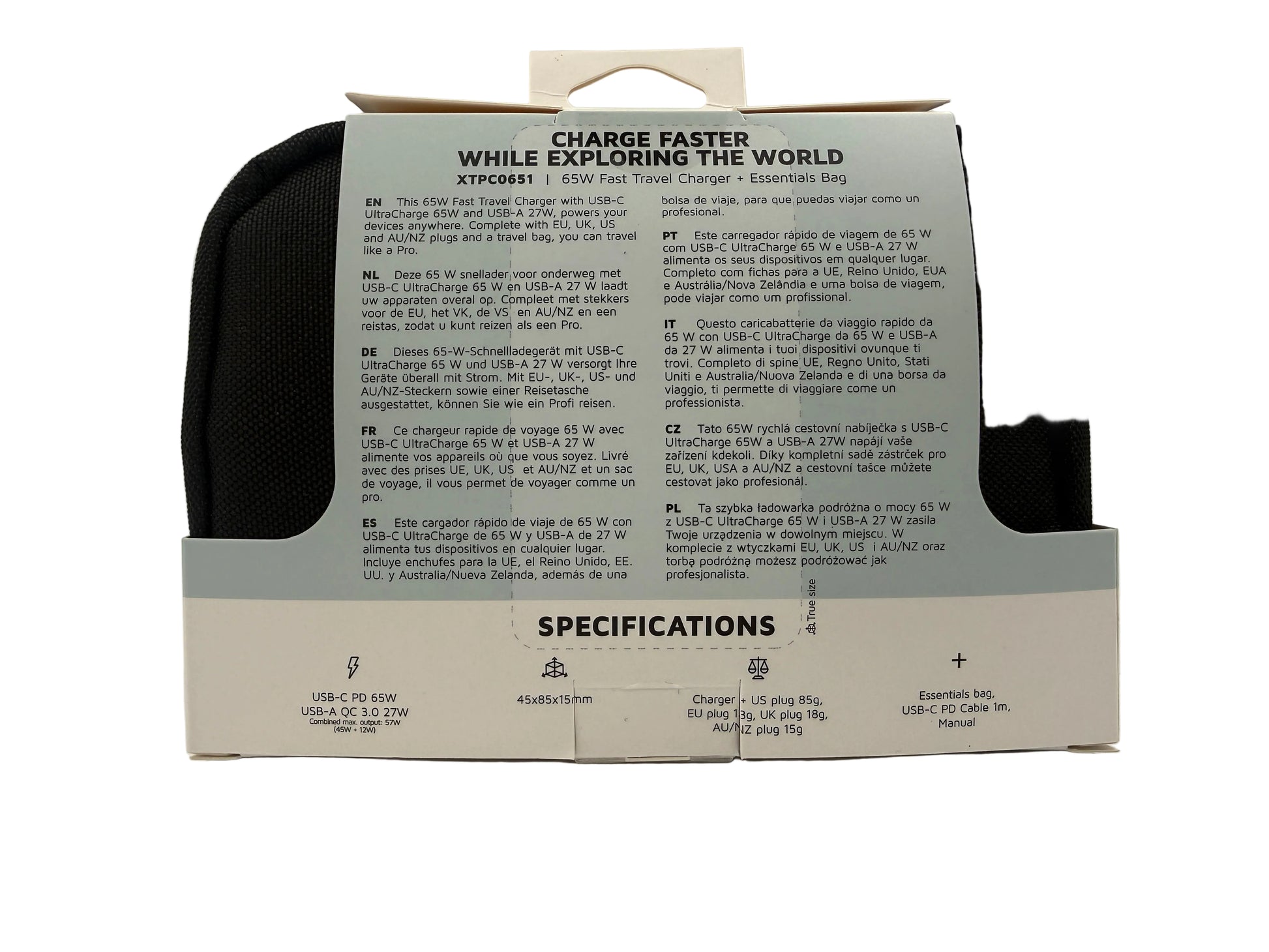 Black travel charger case with specifications on a white background
