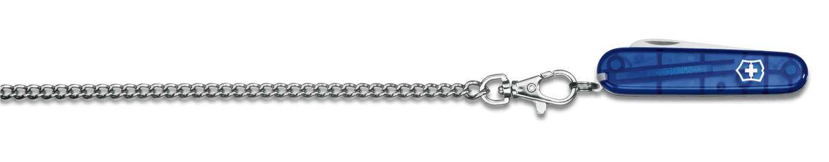 Blue Swiss Army knife on a silver chain against a white background