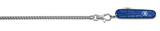 Blue Swiss Army knife on a silver chain against a white background
