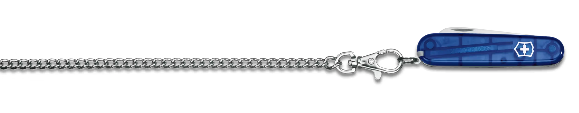Blue Swiss Army knife on a silver chain against a white background