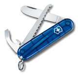Blue Swiss Army knife with multiple tools on a white background