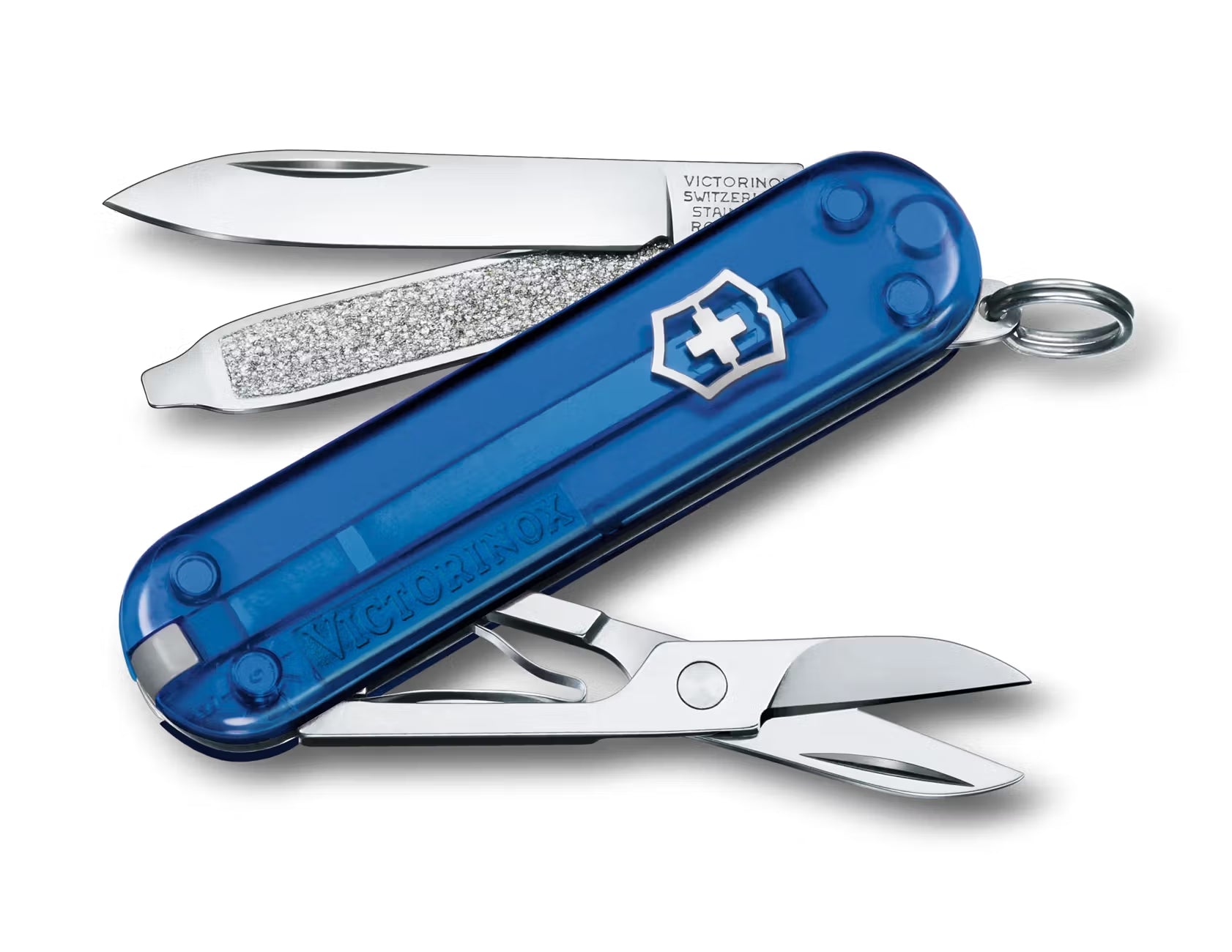 Blue Swiss Army knife with multiple tools on a white background