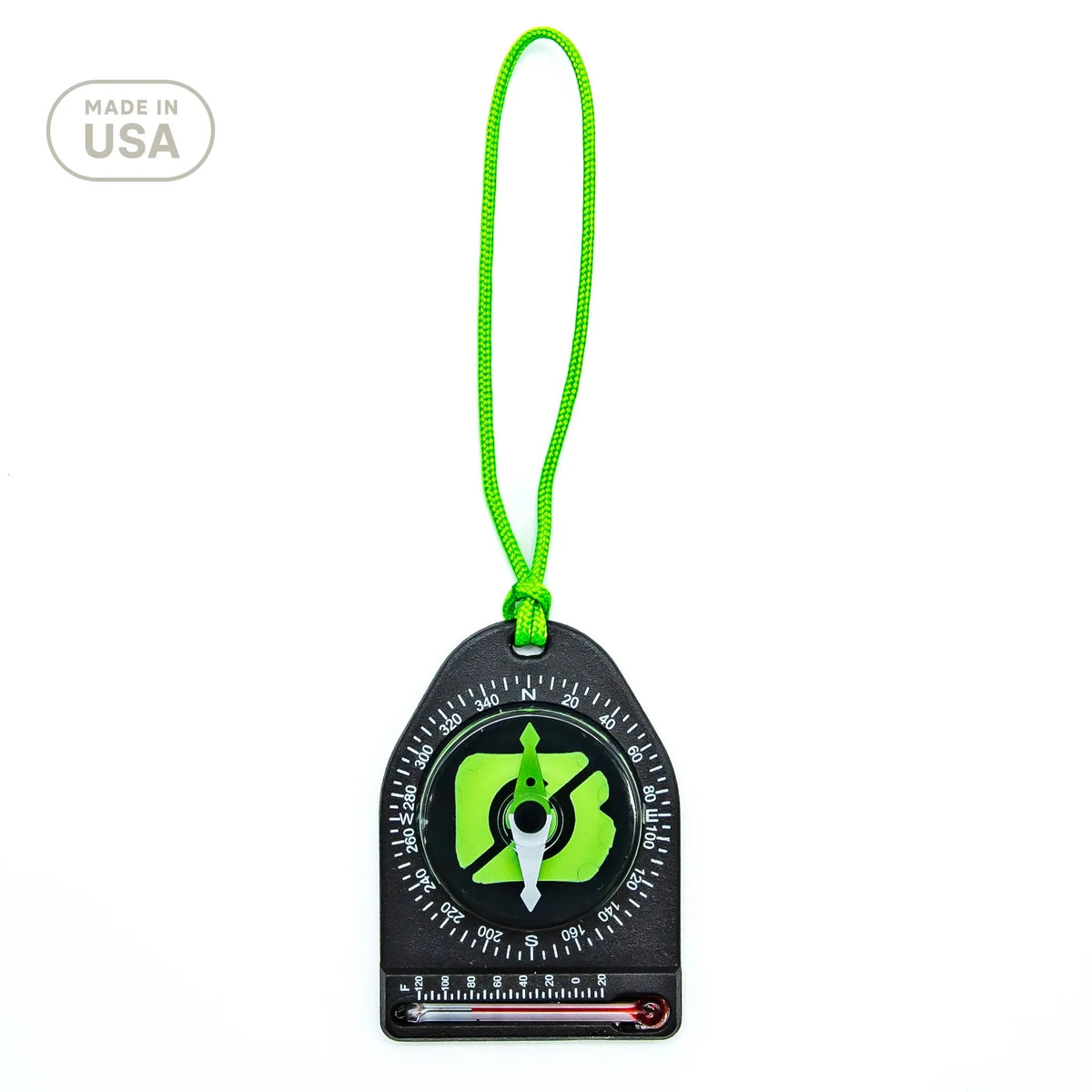 Compass with green strap on a white background