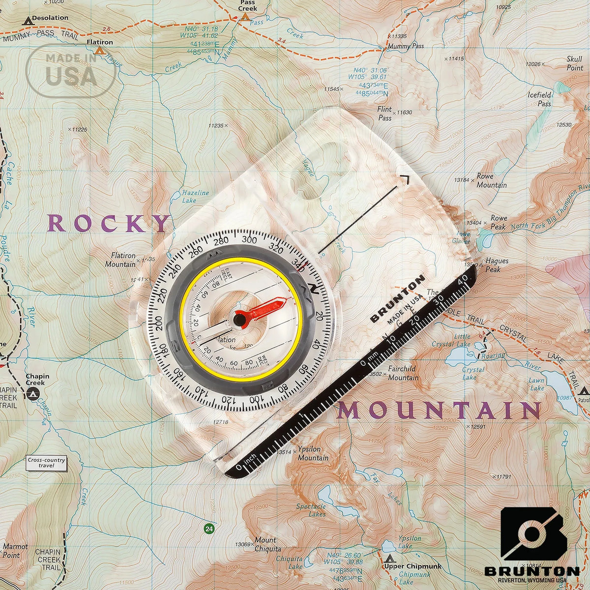 Brunton compass on a topographic map with 'Rocky Mountain' text