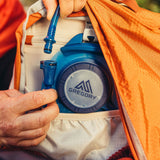 Gregory 3D Hydro 2L Reservoir in Ocean/Orange - inline disconnect detail, worn