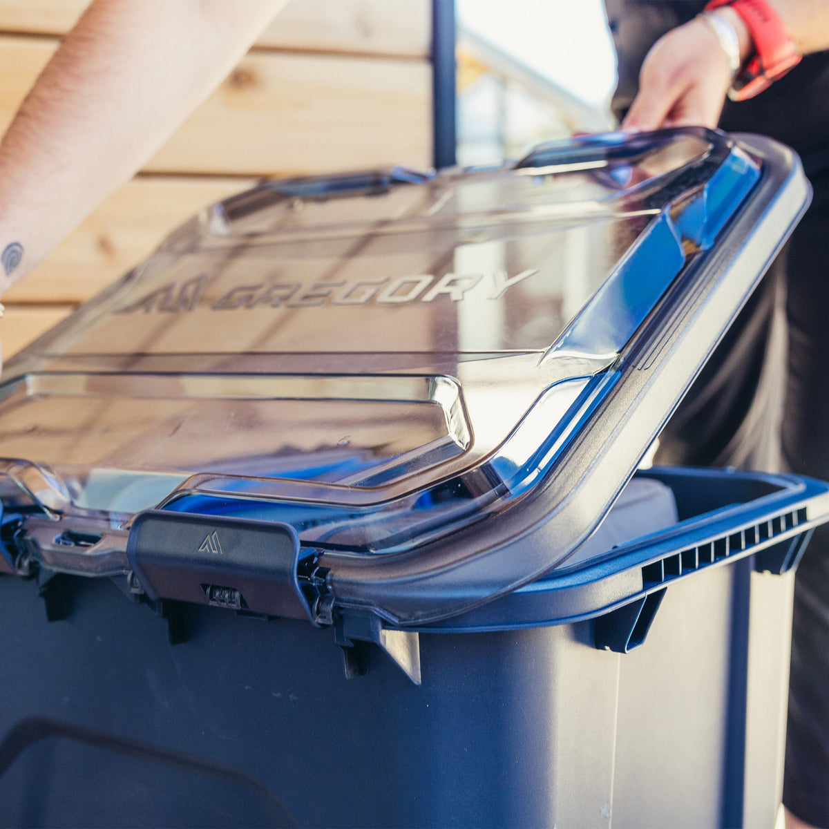 Gregory Alpaca Camp Box 50L in Slate Blue - Lid open outdoors