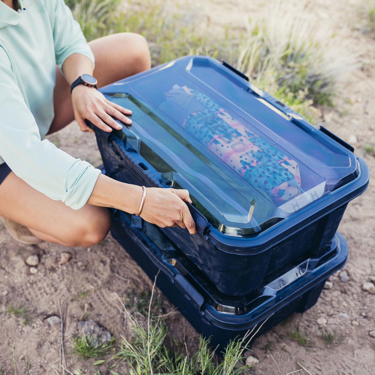 Gregory Alpaca Gear Box 45L in Slate Blue - Being carried outdoors