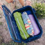 Gregory Alpaca Gear Box 45L in Slate Blue - Open at campsite