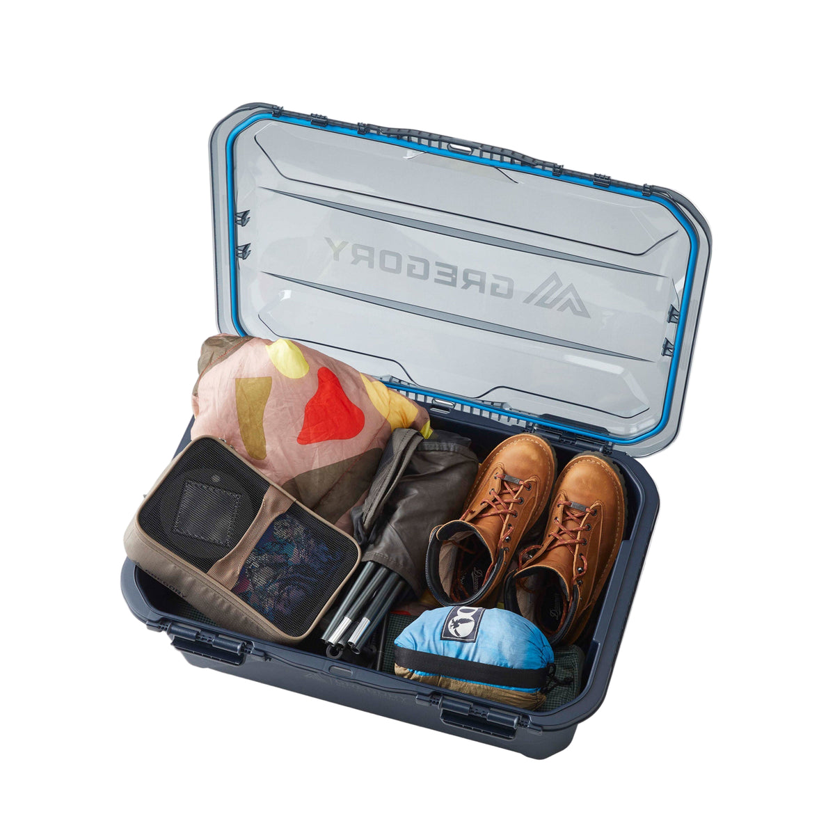 Gregory Alpaca Gear Box 45L in Slate Blue - Packed with gear