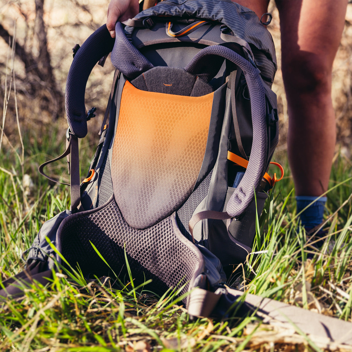 Gregory Maven 48L Women's Backpacking Pack in Grey Melon - On-The-Go Pocket on Ground