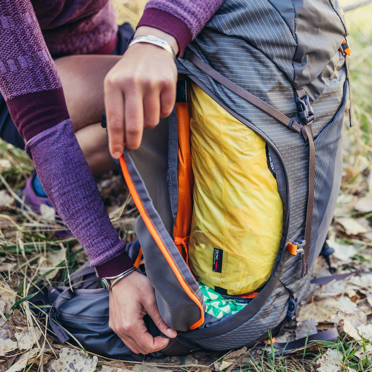 Gregory Maven 48L Women's Backpacking Pack in Grey Melon - Full-Length Side Zipper Open