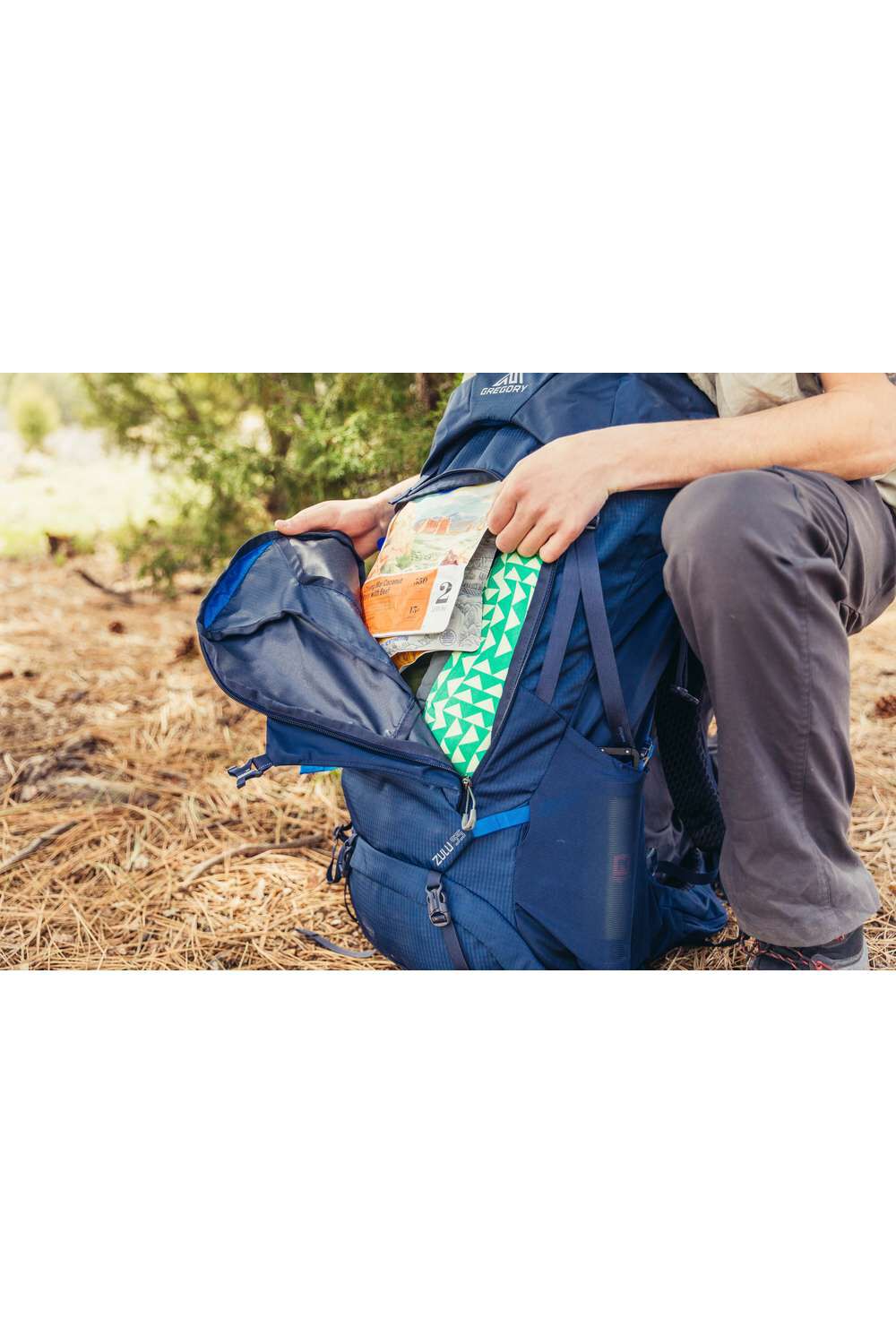 Gregory Zulu 55 Men's Hiking Backpack in Halo Blue - On Trail in Forest