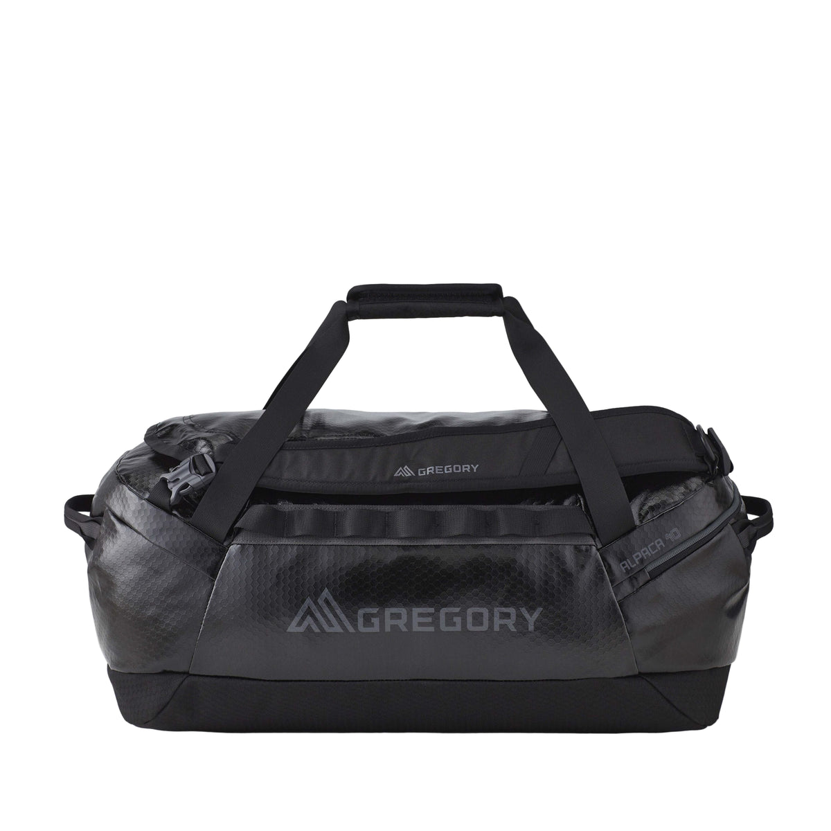 Gregory Alpaca 40L Duffel Bag in Obsidian Black - Straight View with 40% recycled materials