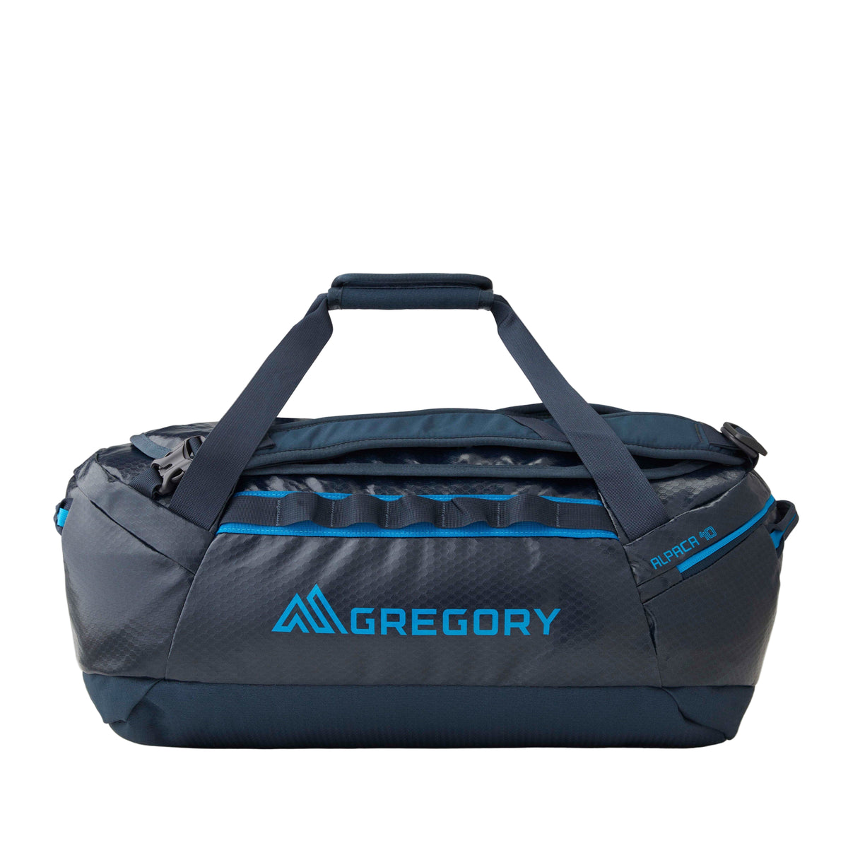 Gregory Alpaca 40L Duffel Bag in Slate Blue - Straight View with 900D recycled polyester