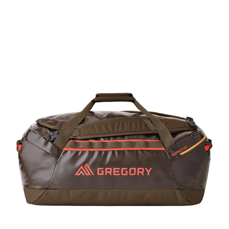 Gregory Alpaca 60L Duffel Bag in Mesa Brown - Straight View with TPU weather-resistant coating