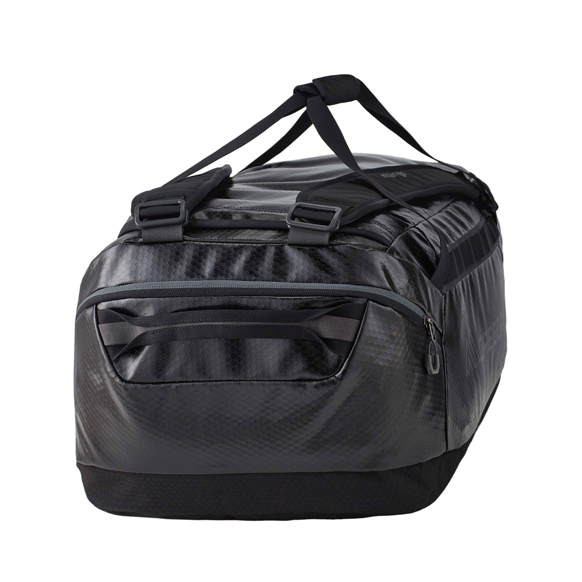 Gregory Alpaca 60L Duffel Bag in Obsidian Black - Side View showing removable backpack straps