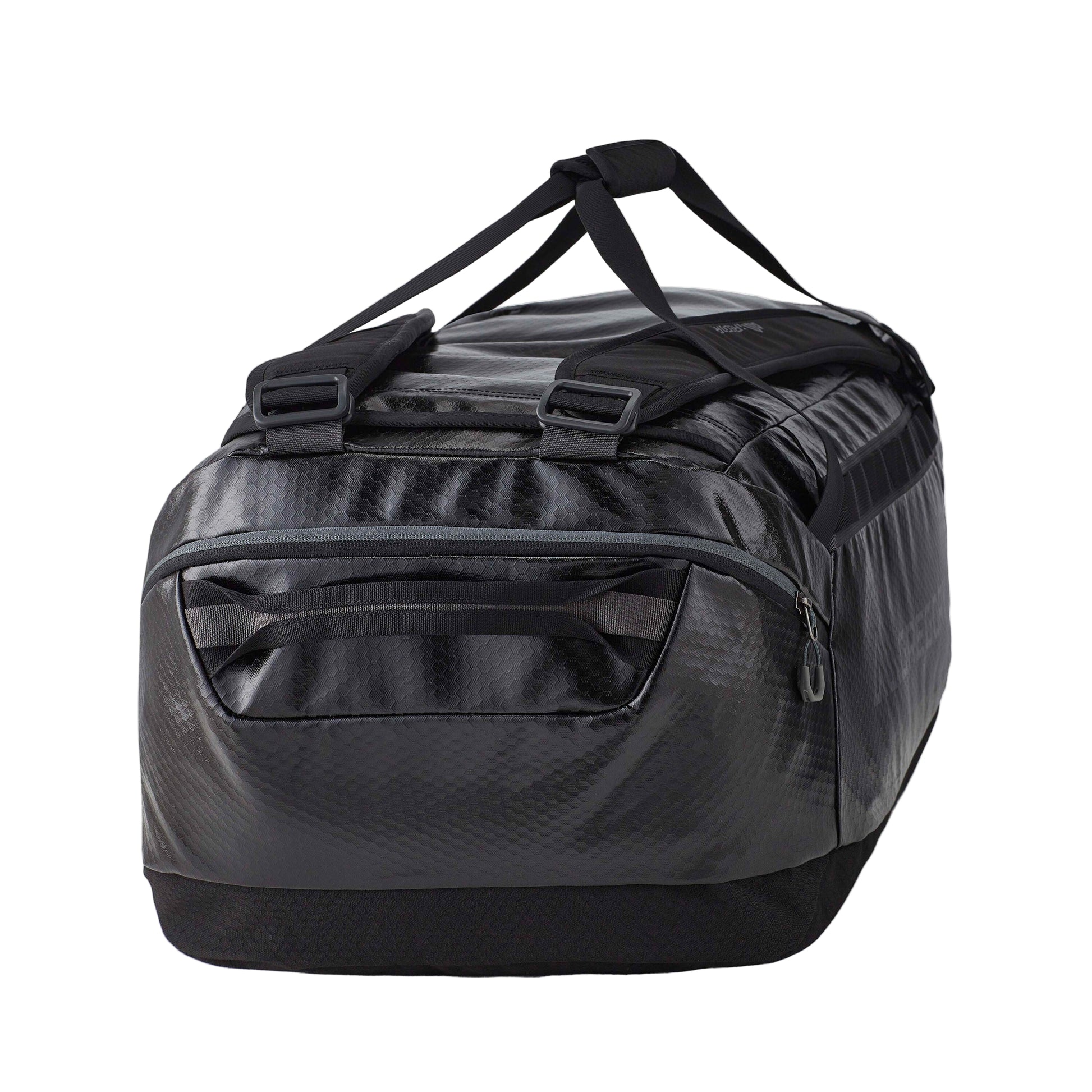 Gregory Alpaca 60L Duffel Bag in Obsidian Black - Side View showing removable backpack straps