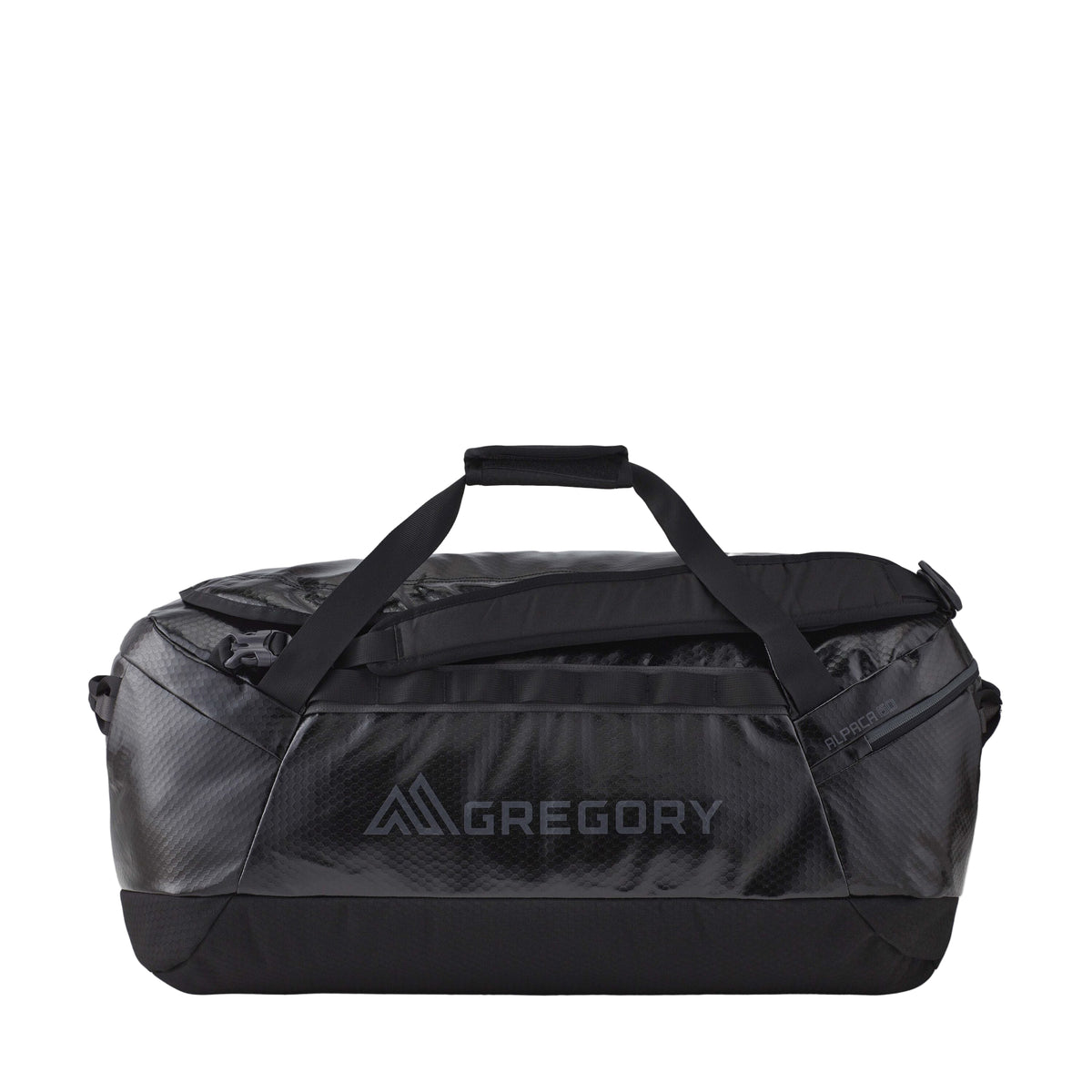 Gregory Alpaca 60L Duffel Bag in Obsidian Black - Straight View with 40% recycled materials