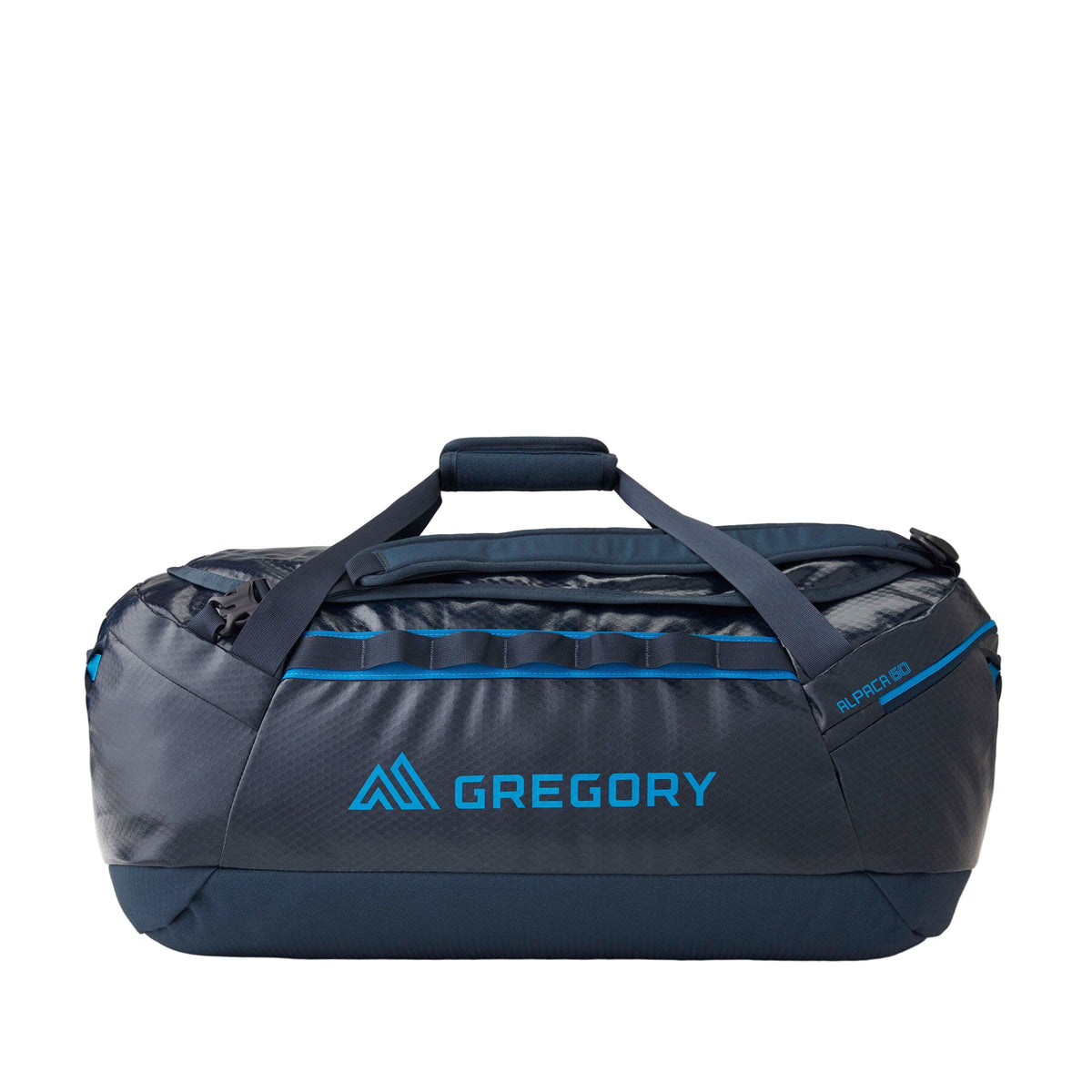 Gregory Alpaca 60L Duffel Bag in Slate Blue - Straight View with 900D recycled polyester