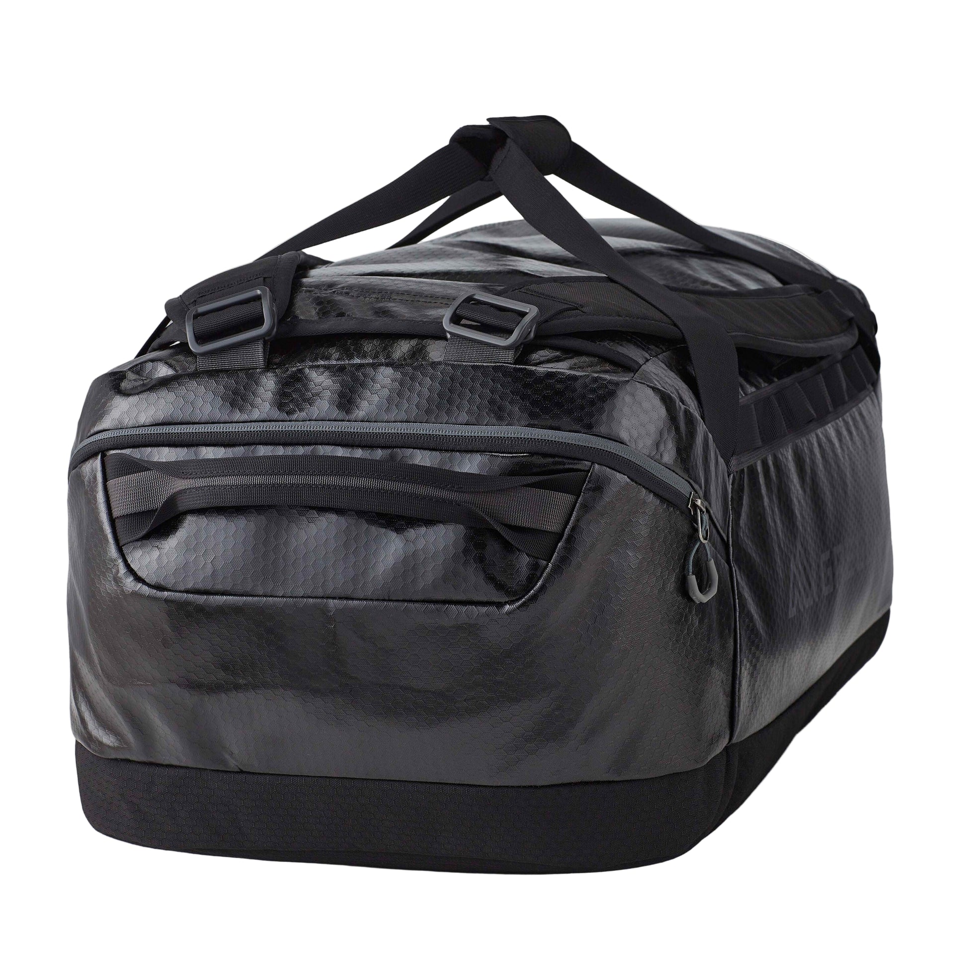 Gregory Alpaca 80L Duffel Bag in Obsidian Black - Side View showing 80L capacity and removable straps