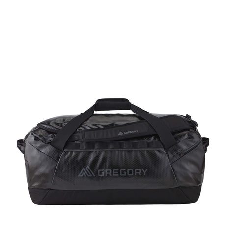 Gregory Alpaca 80L Duffel Bag in Obsidian Black - Straight View with 40% recycled materials