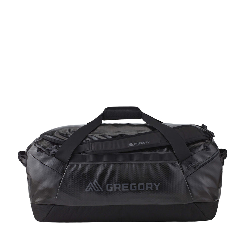 Gregory Alpaca 80L Duffel Bag in Obsidian Black - Straight View with 40% recycled materials