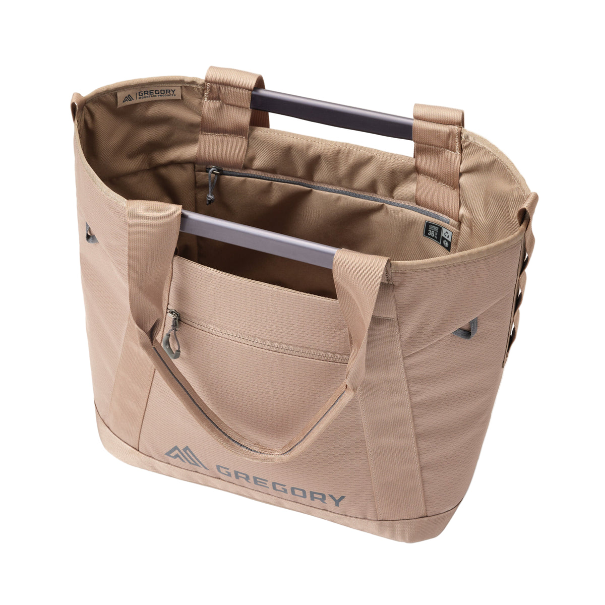 Gregory Alpaca Utility Tote 35L in Mirage Tan - Angled View showing stand-up design