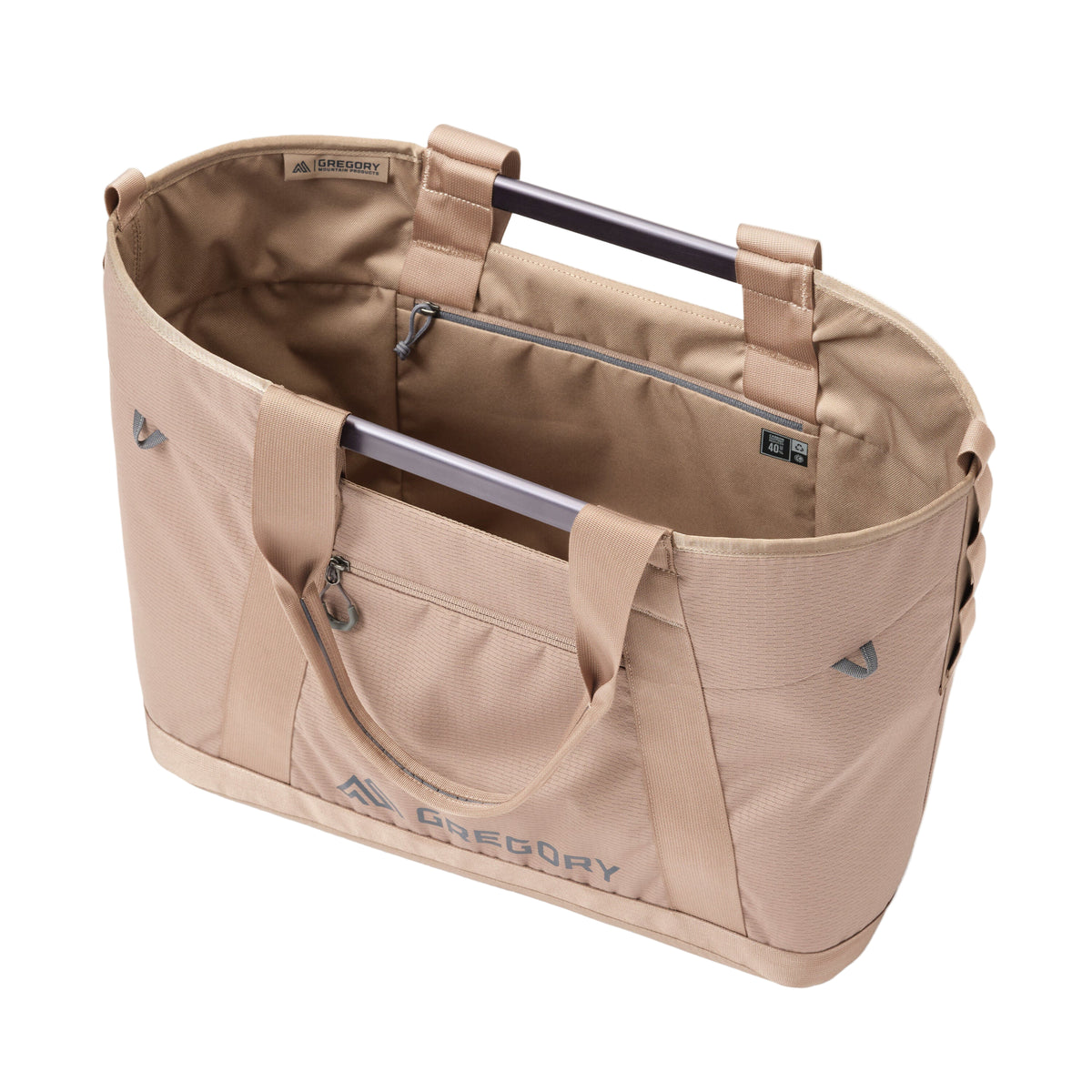 Gregory Alpaca Utility Tote 50L in Mirage Tan - Angled View showing stand-up design