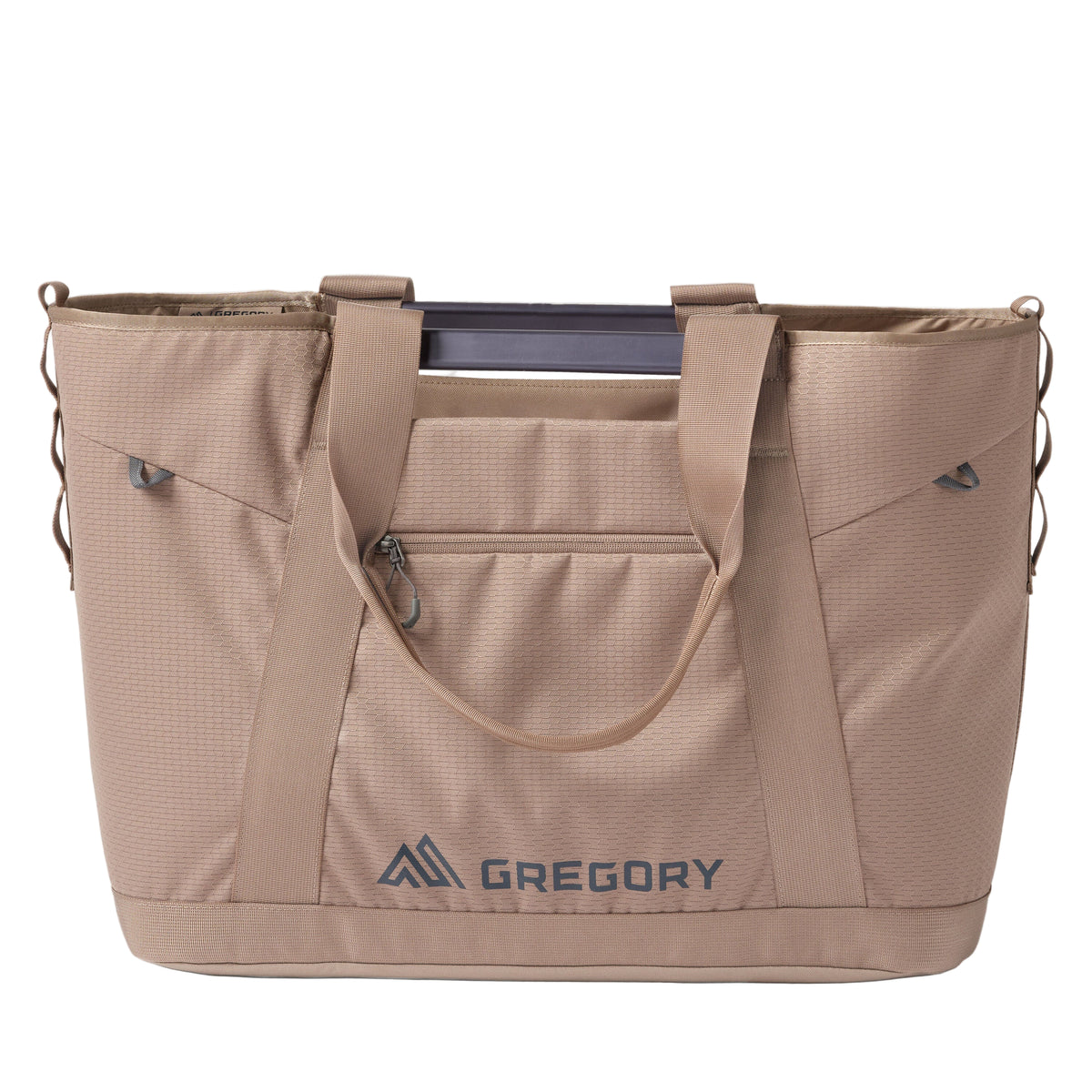 Gregory Alpaca Utility Tote 50L in Mirage Tan - Front View with aluminium handles