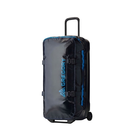 Gregory Alpaca Wheeled Duffel 100L in Slate Blue - Front View with polycarbonate bottom shell