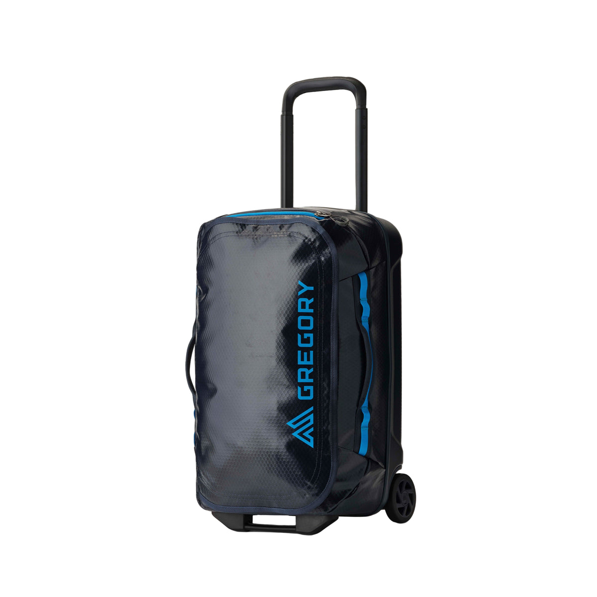 Gregory Alpaca Wheeled Duffel 40L in Slate Blue - Front View with polycarbonate bottom shell