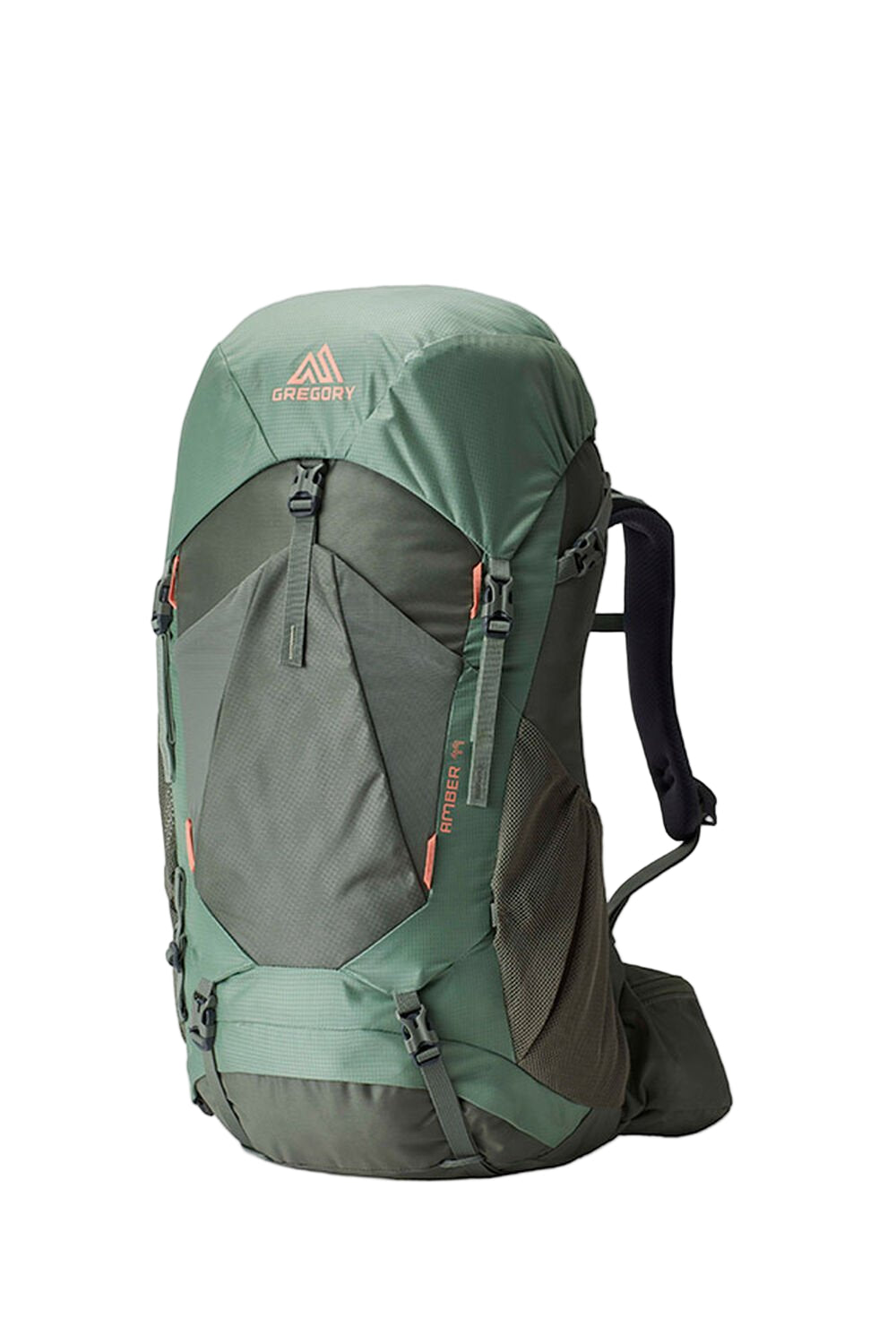 Gregory Amber 44L Women's Backpack in Lichen Green - Front View with trekking pole attachments