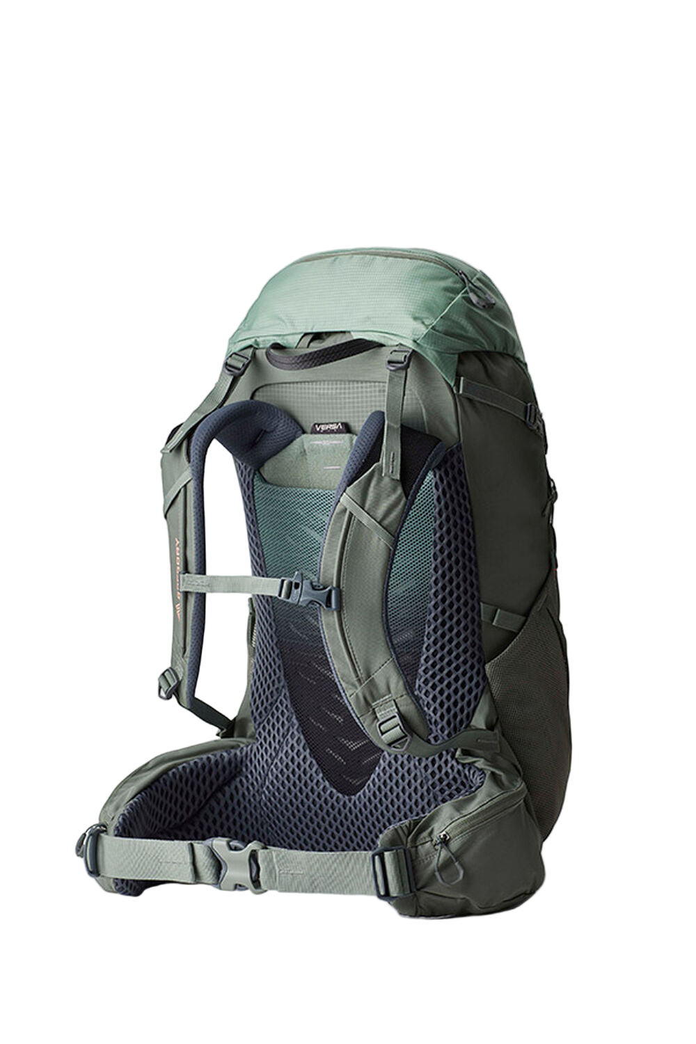 Gregory Amber 44L Women's Backpack in Lichen Green - Back View showing wishbone alloy frame and suspension