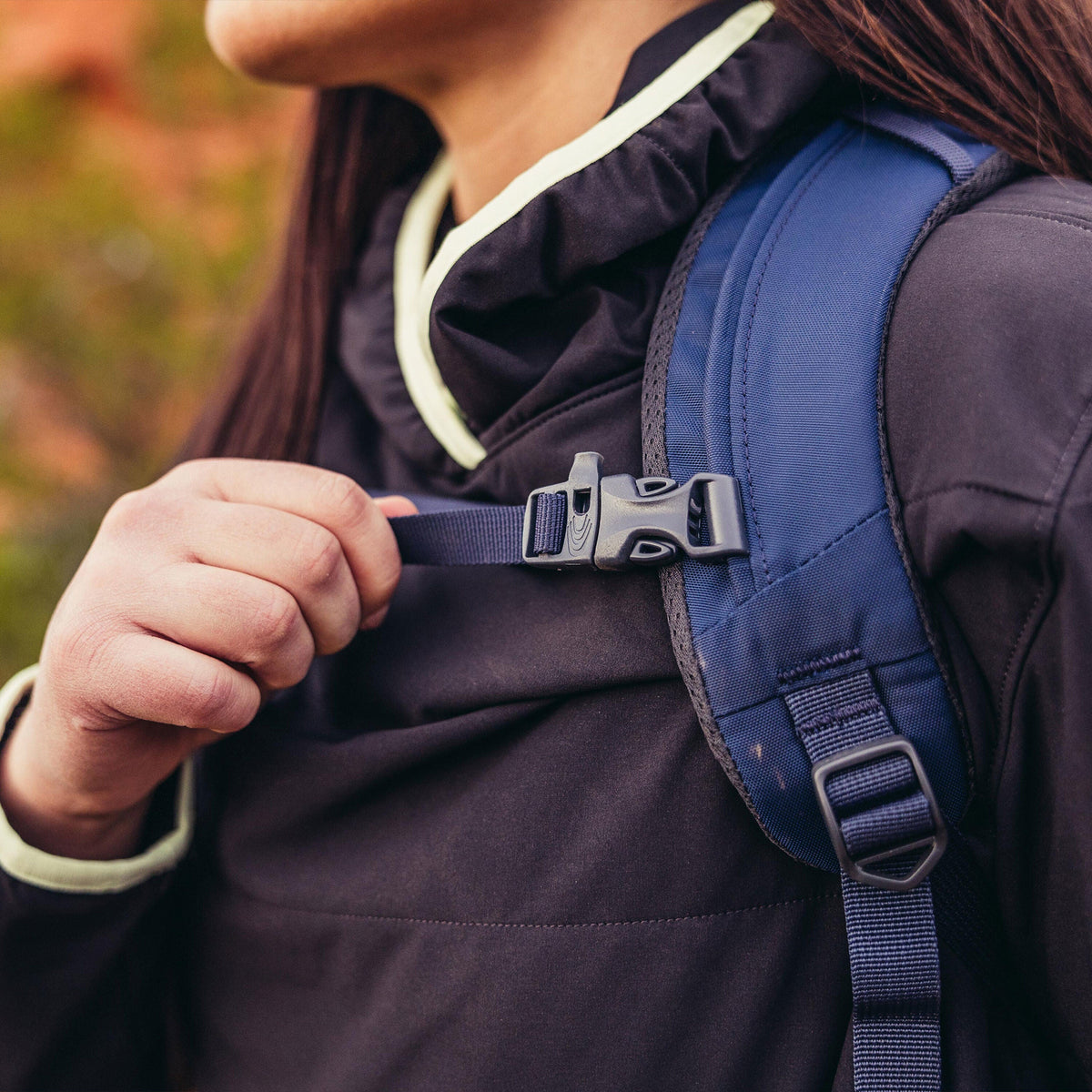 Gregory Amber 44 Sternum Strap with integrated safety whistle for hiking emergencies