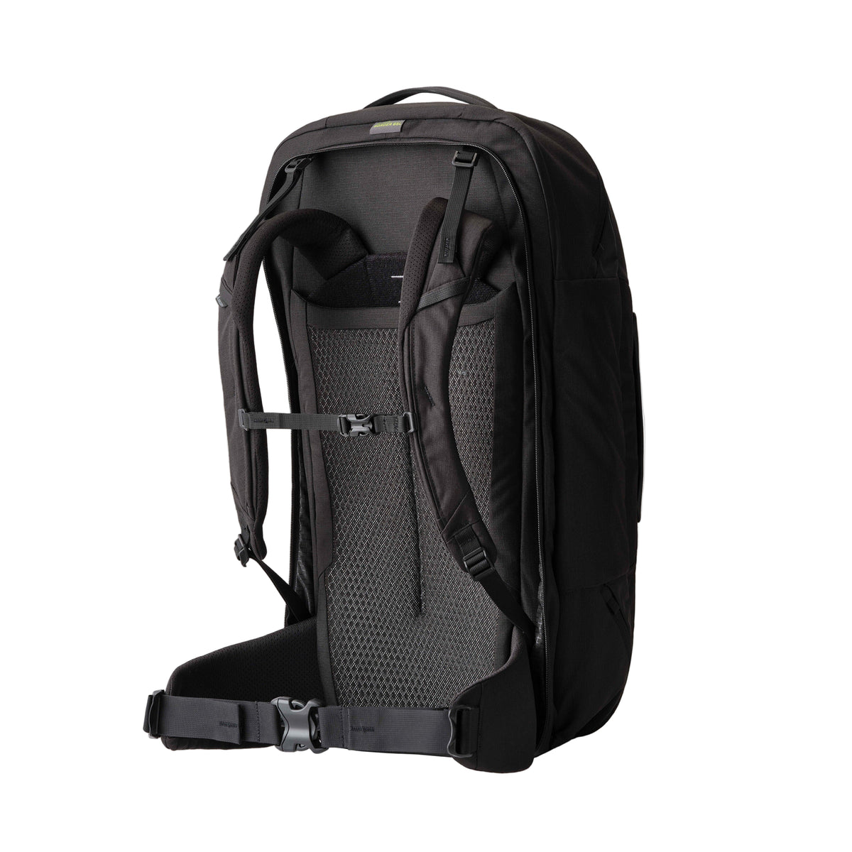 Gregory Border 50 + 15 Travel System in Black Lichen - Back View showing AirCushion mesh (90% air)