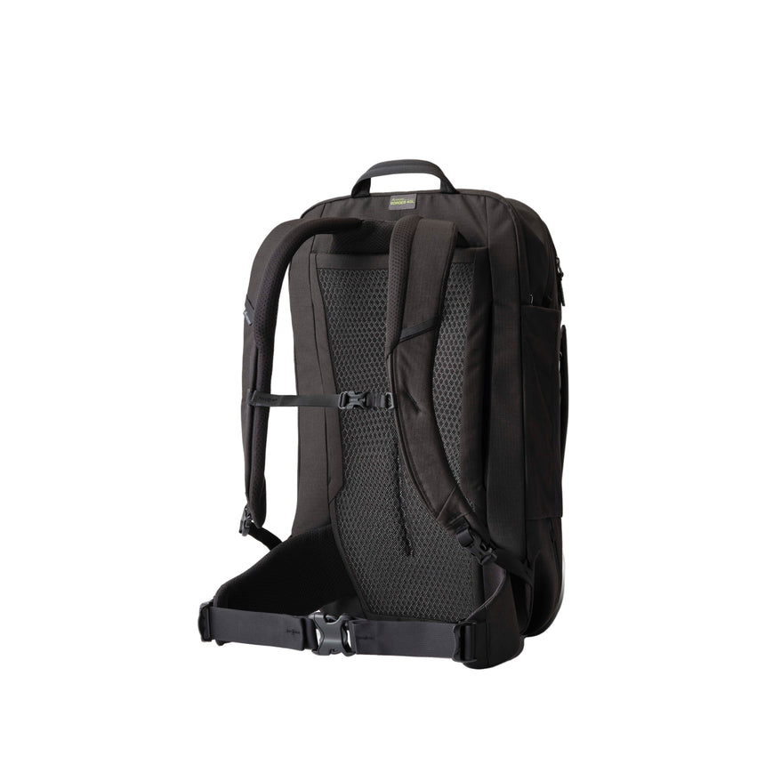 Gregory Border Carry-On 40L in Black Lichen - Back View showing AirCushion mesh (90% air)