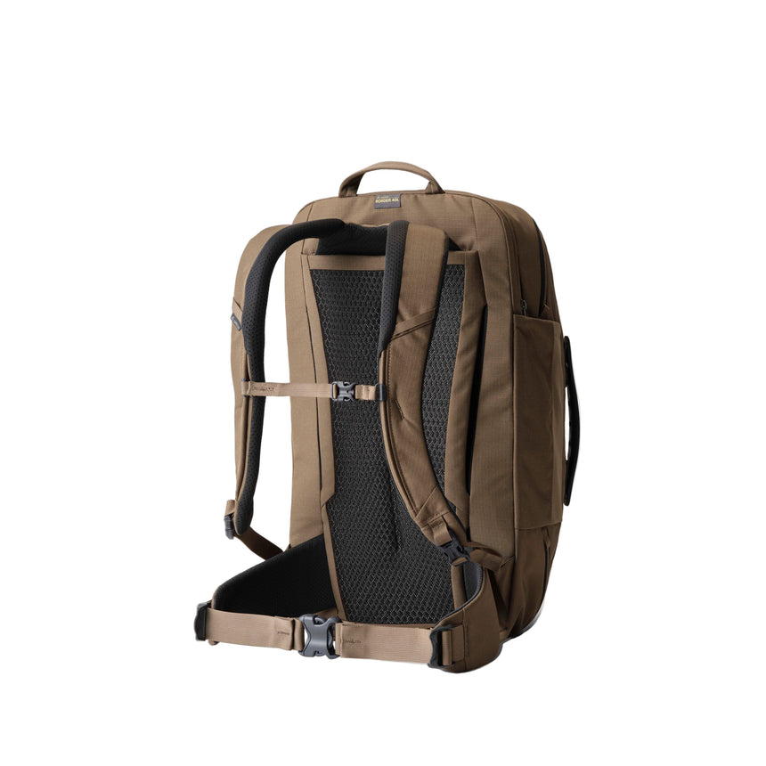 Gregory Border Carry-On 40L in Mesa Brown - Back View showing breathable backpanel