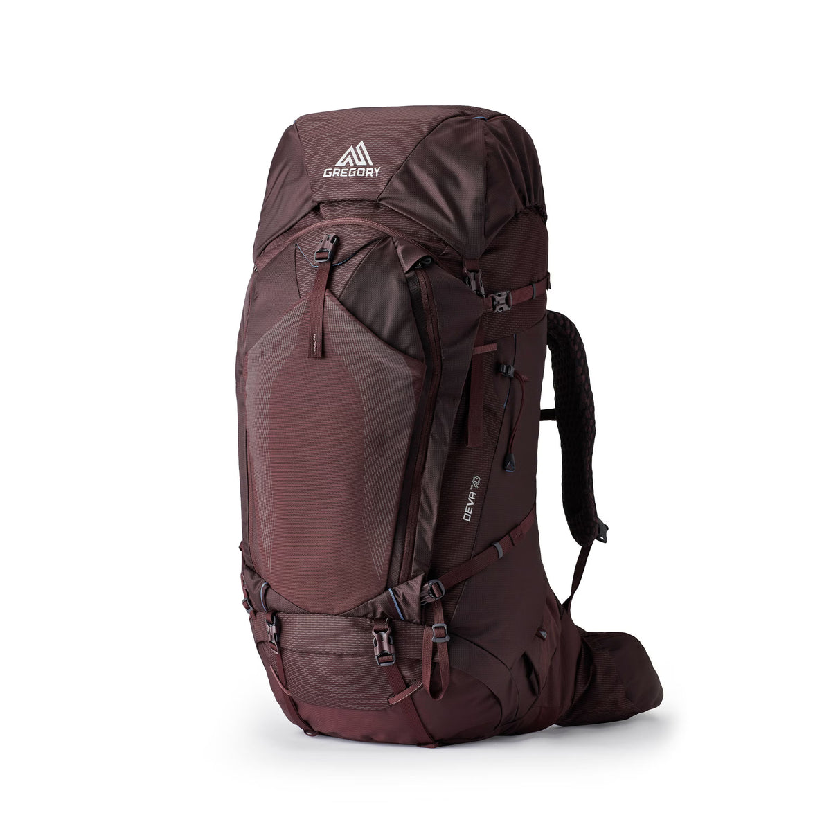 Gregory Deva 70 RC 70L Women's Backpack in Fog Grey - Front View with FreeFloat A3 suspension and U-zip access