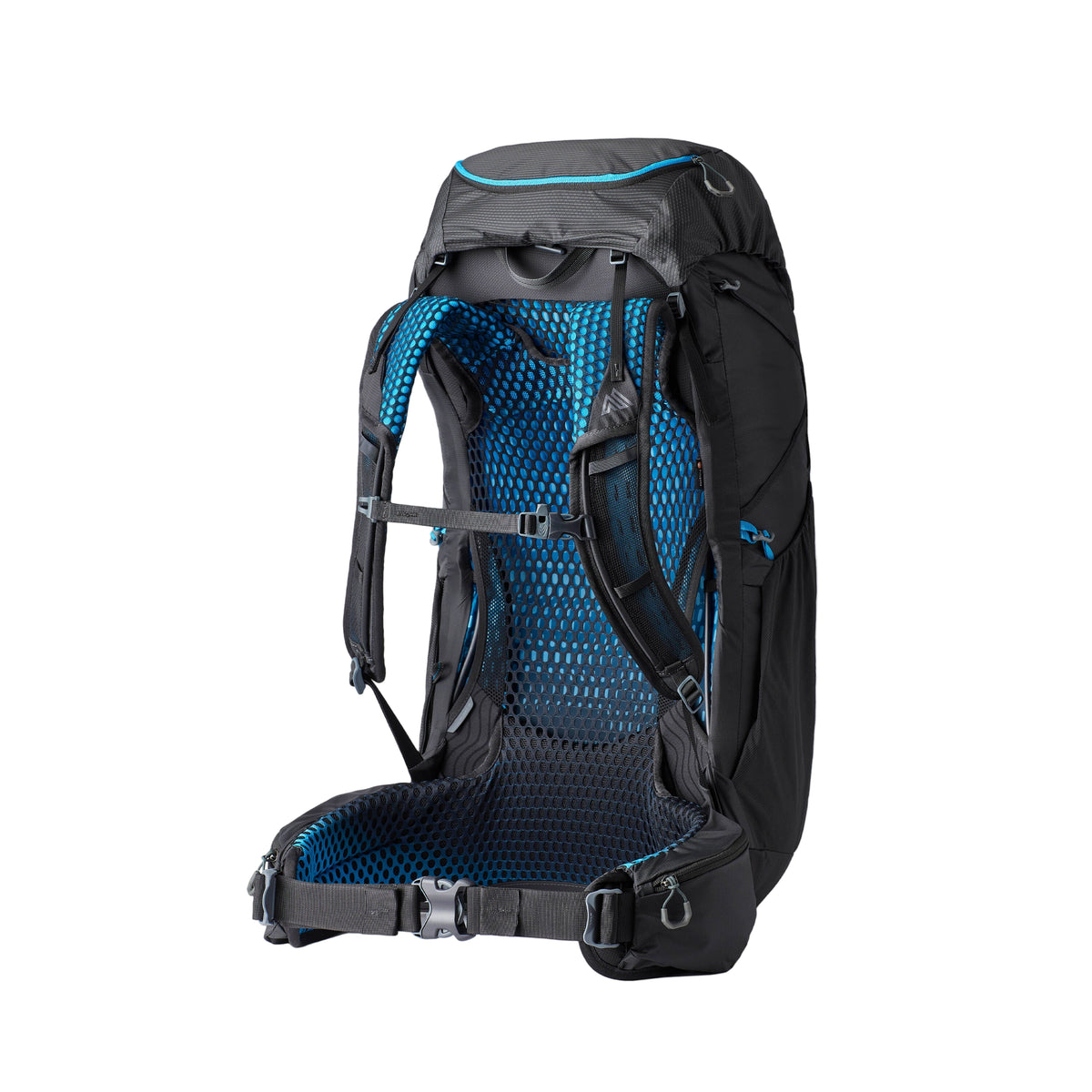 Gregory Focal 48 RC Men's Backpacking Pack in Ozone Black - Back View showing FreeFloat suspension