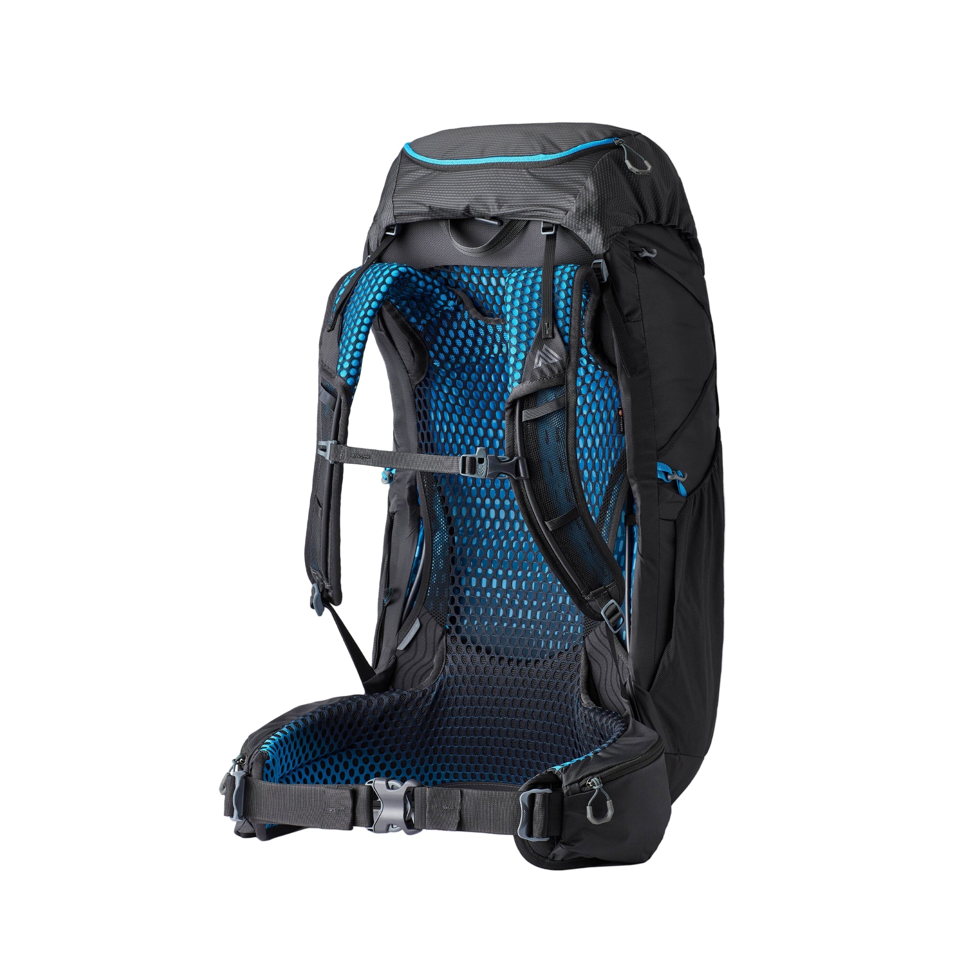 Gregory Focal 48 RC Men's Backpacking Pack in Ozone Black - Back View showing FreeFloat suspension