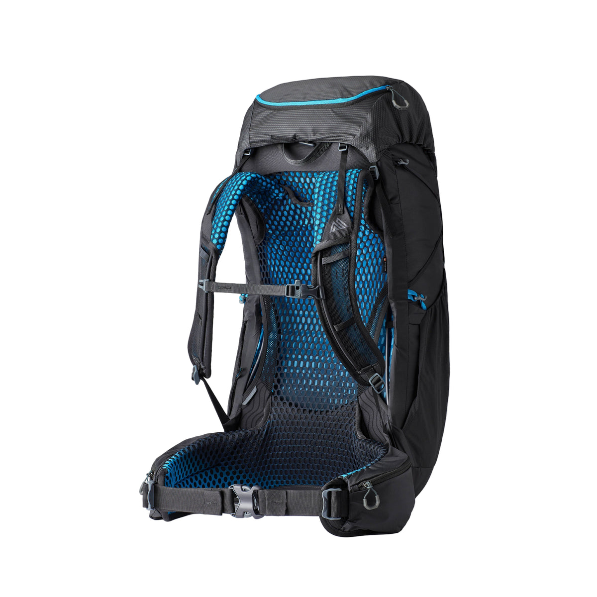 Gregory Focal 58 RC Men's Backpacking Pack in Ozone Black - Back View showing FreeFloat suspension