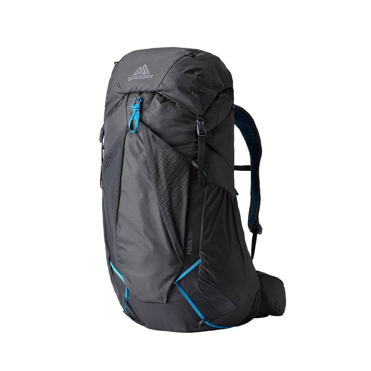 Gregory Focal 58 RC Men's Backpacking Pack in Ozone Black - Front View with 54L capacity