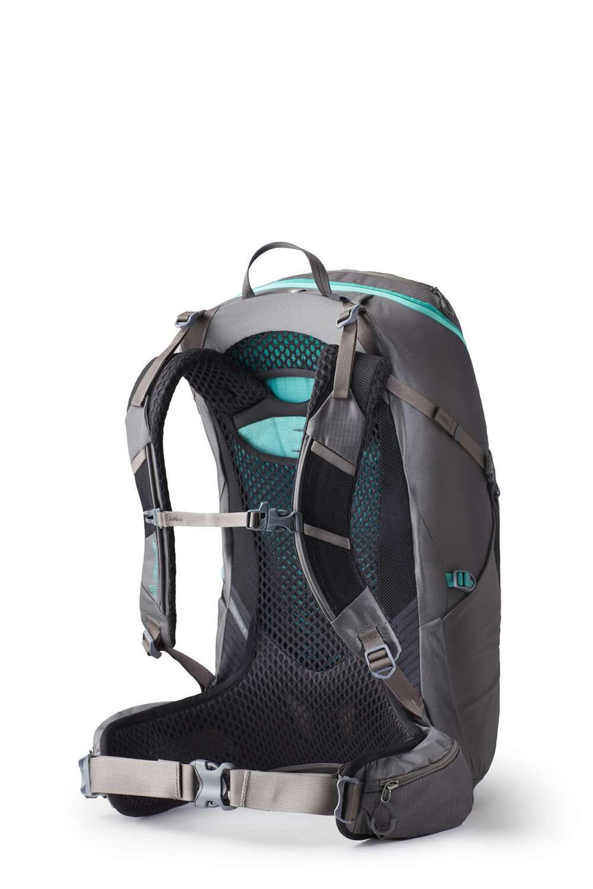 Gregory Jade 28L Women's Backpack in Mist Grey - Back View showing perimeter frame and mesh ventilation