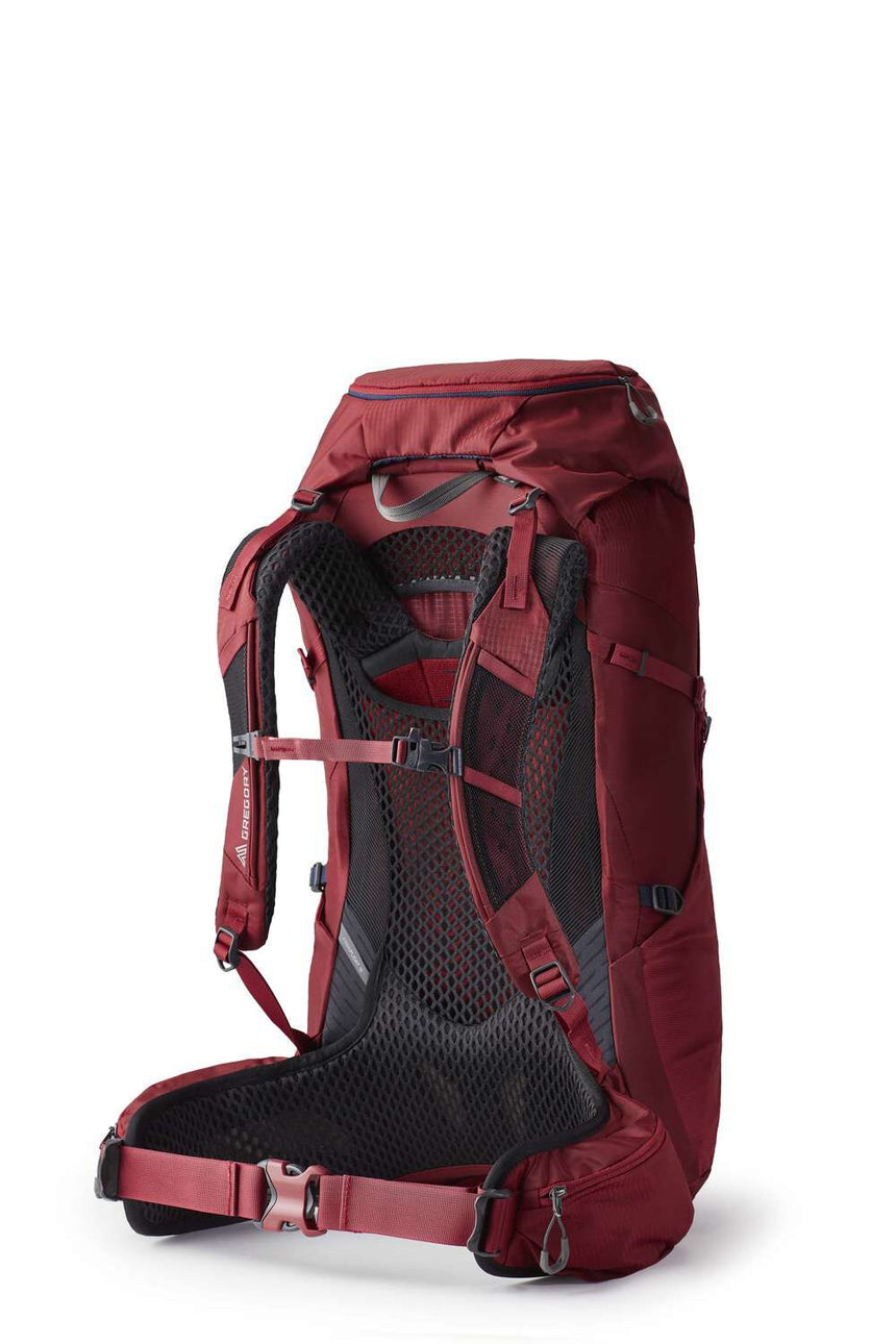 Gregory Jade 33L Women's Backpack in Ruby Red - Back View showing perimeter frame and mesh ventilation