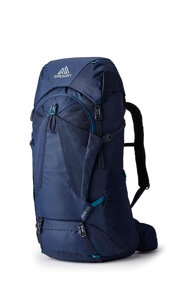 Gregory Jade 53L Women's Backpack in Midnight Navy - Front View with FreeFloat suspension and U-zip access