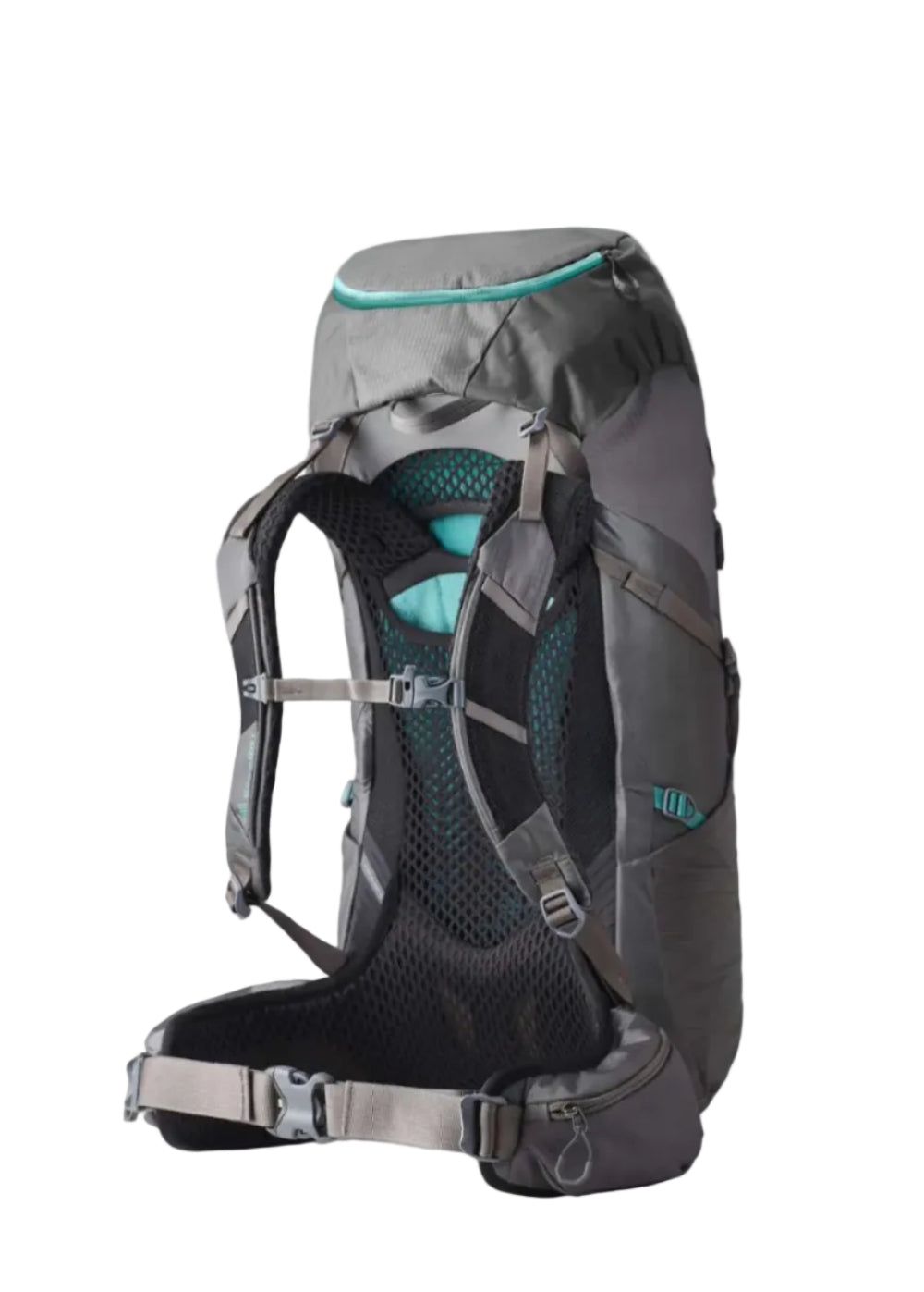 Gregory Jade 53L Women's Backpack in Mist Grey - Back View showing perimeter frame and mesh ventilation