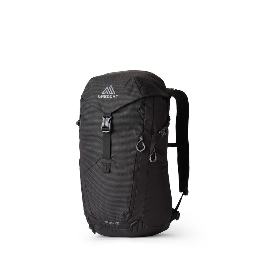 Gregory Nano 28L Daypack in Optic Black - Front View with trekking pole attachments