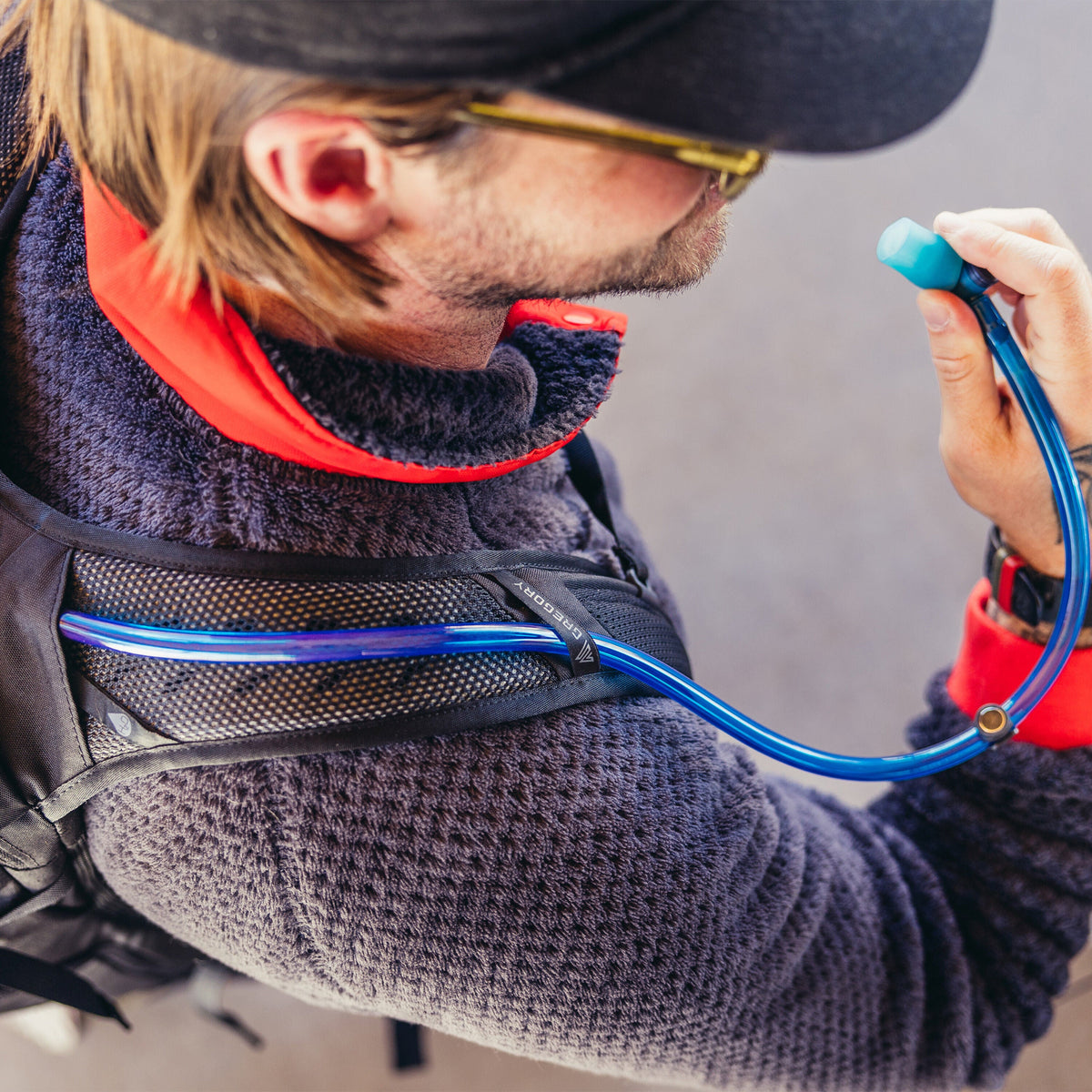 Gregory Nano 28L Hydration Reservoir Drinking Tube - routing loops on shoulder harness for easy access