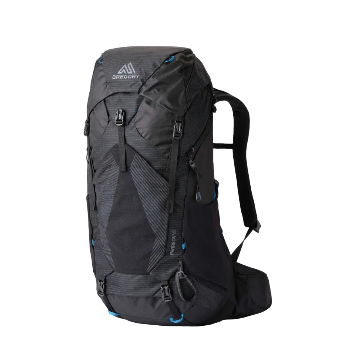 Gregory Paragon 40L Men's Backpack in Alpine Black - Front View with FreeFloat Hybrid suspension
