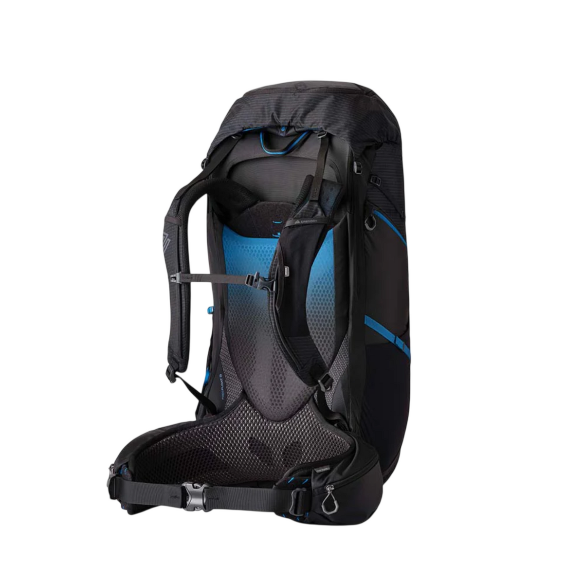 Gregory Paragon 70L Men's Backpack in Alpine Black - Back View showing perimeter frame and ventilation